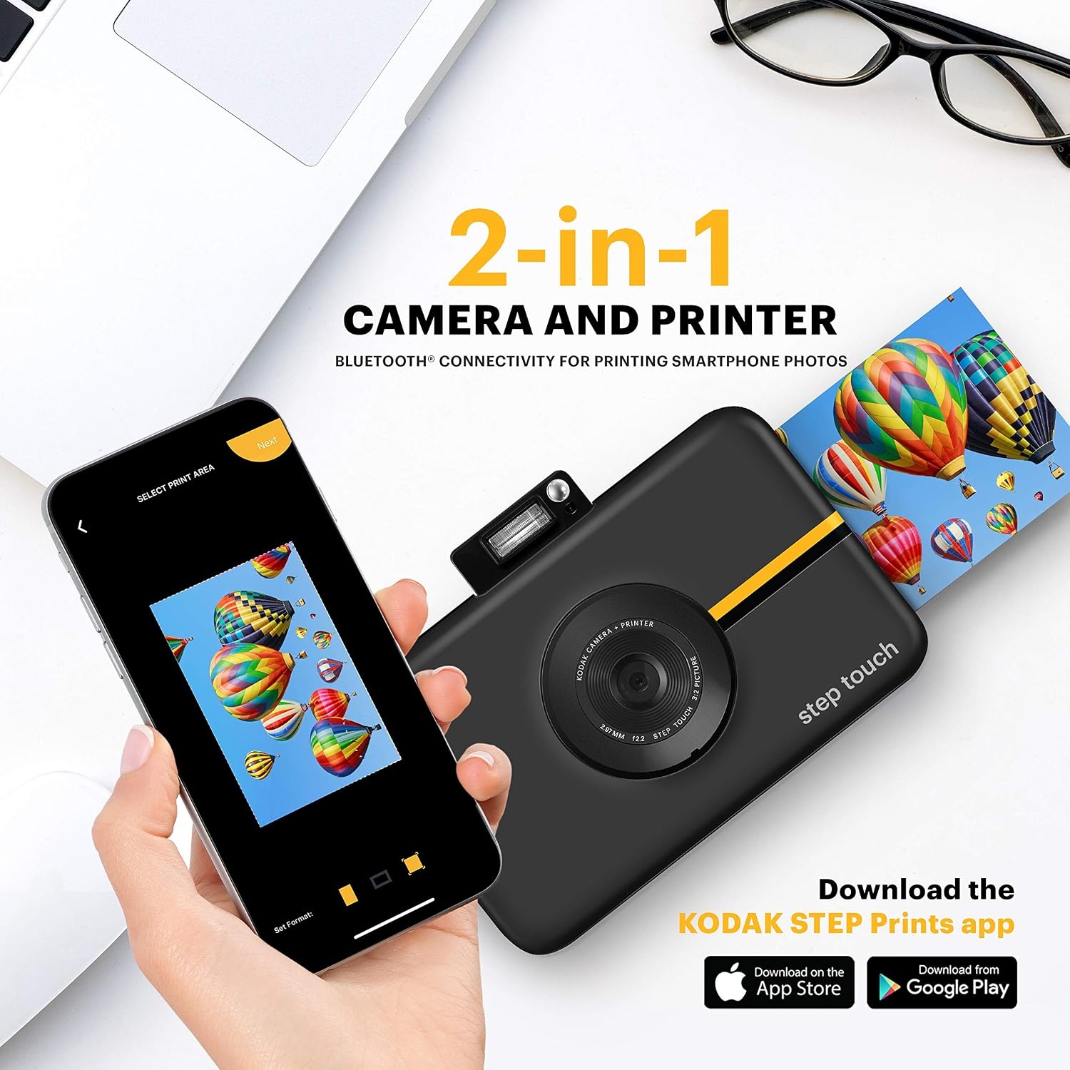 image:imageKodak Step Touch 13MP Digital Camera amp Instant Printer with 35 LCD Touchscreen Display 1080p HD Video Editing Suite Bluetooth amp Zink Zero Ink Technology WhiteBlack