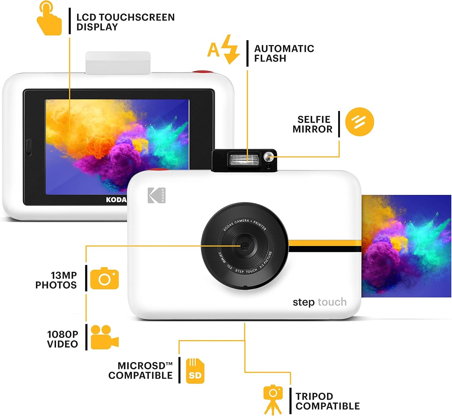 image:imageKodak Step Touch 13MP Digital Camera amp Instant Printer with 35 LCD Touchscreen Display 1080p HD Video Editing Suite Bluetooth amp Zink Zero Ink Technology WhiteWhite