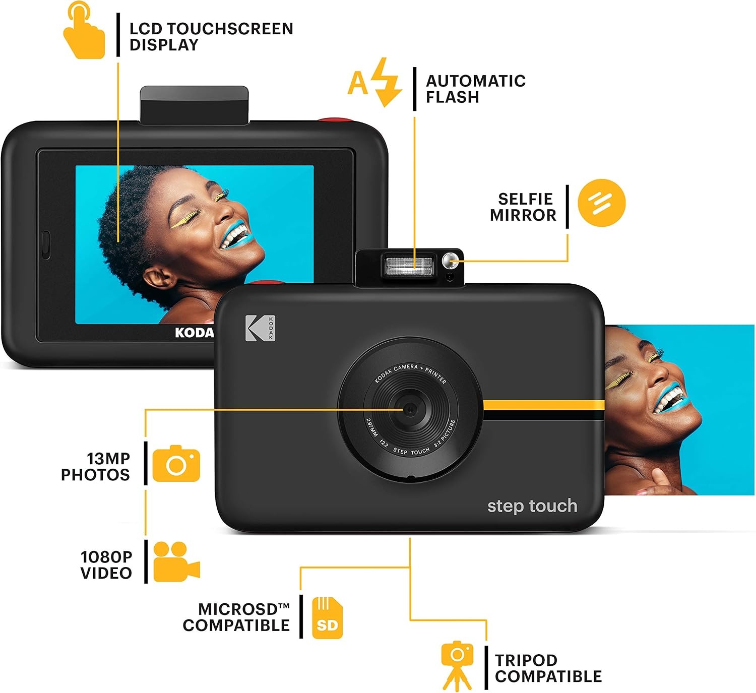image:imageKodak Step Touch 13MP Digital Camera amp Instant Printer with 35 LCD Touchscreen Display 1080p HD Video Editing Suite Bluetooth amp Zink Zero Ink Technology WhiteBlack