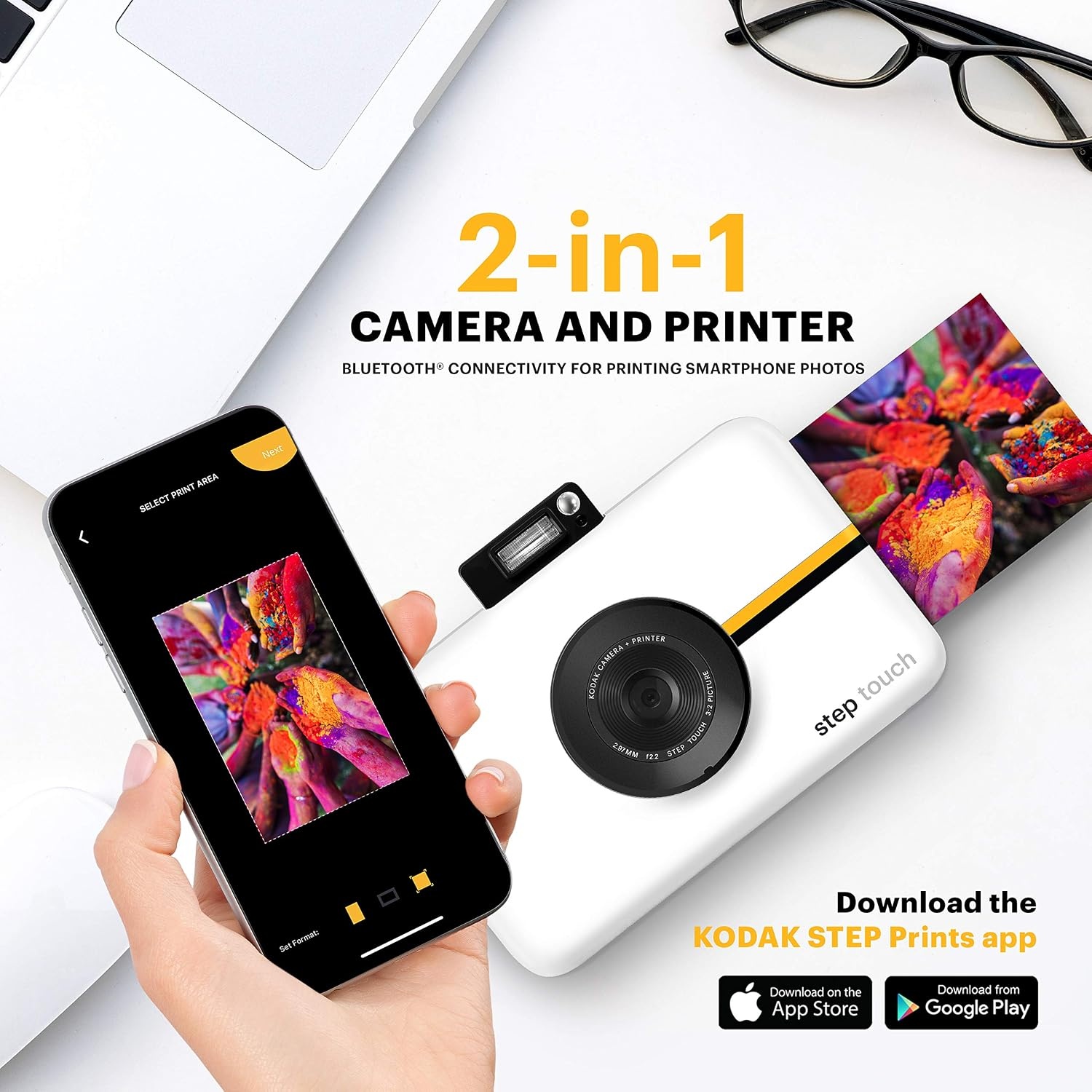 image:imageKodak Step Touch 13MP Digital Camera amp Instant Printer with 35 LCD Touchscreen Display 1080p HD Video Editing Suite Bluetooth amp Zink Zero Ink Technology WhiteWhite