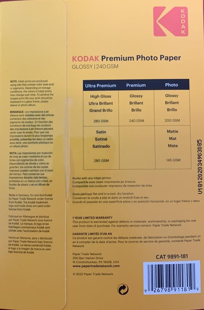 image:imageKodak photo paper 4 x 6 glossy 100 count 66 lb 240 gm 411759891181 THIS PRODUCT IS NOT COMPATIBLE WITH THE KODAK DOCK PRINTER4 x 6 100 Sheets