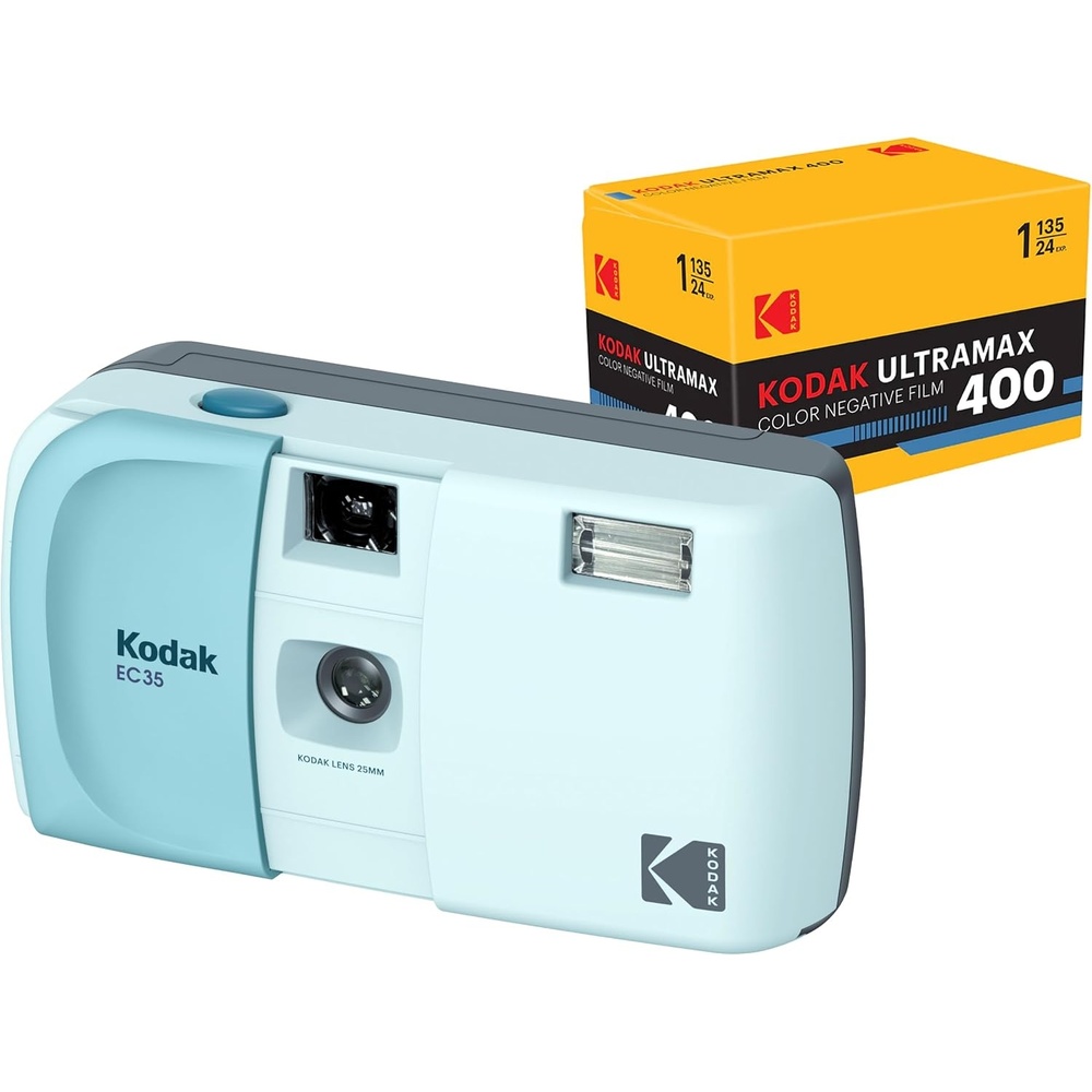 image:imageKODAK EC35 35mm Film Camera 35mm Reusable FocusFree Builtin Flash Slide Cover Beginner Friendly Film amp AA Battery are not Included Single Avocado GreenPowder Blue