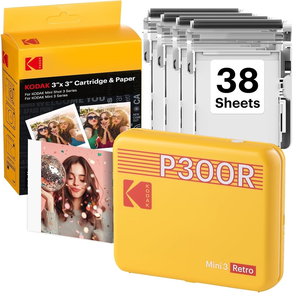image:imageKODAK Mini 3 Retro 3x3 Portable Photo Printer 4PASS 38 Sheets WhiteYellow