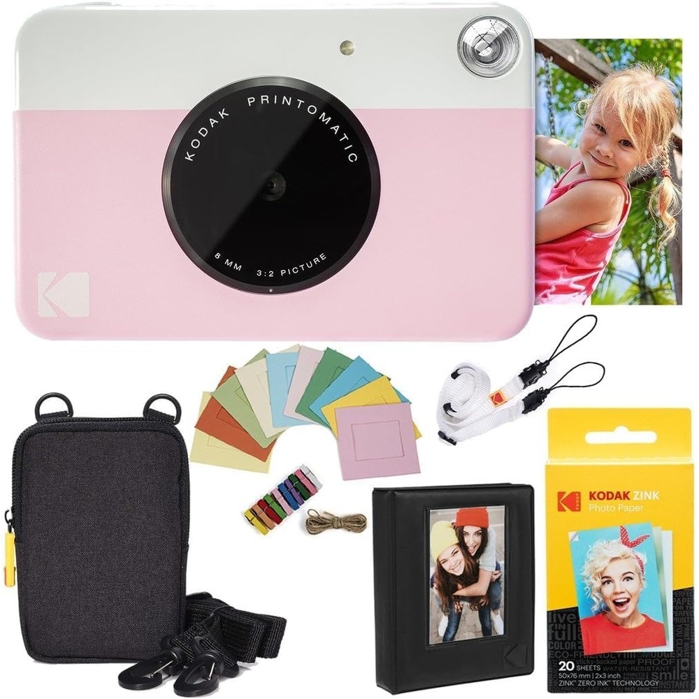 image:imageKodak Printomatic Instant Camera Bundle Blue Zink Paper 20 Sheets  Case  Photo Album  Hanging FramesPink
