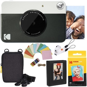 Kodak Printomatic Instant Camera Bundle (Blue) Zink Paper (20 Sheets) – Case – Photo Album – Hanging Frames.(Black)