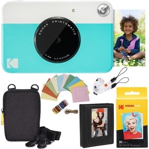 Kodak Printomatic Instant Camera Bundle (Blue) Zink Paper (20 Sheets) – Case – Photo Album – Hanging Frames.(Blue)