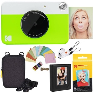 Kodak Printomatic Instant Camera Bundle (Blue) Zink Paper (20 Sheets) – Case – Photo Album – Hanging Frames.(Green)