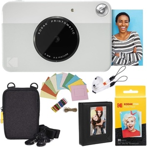 Kodak Printomatic Instant Camera Bundle (Blue) Zink Paper (20 Sheets) – Case – Photo Album – Hanging Frames.(Grey)