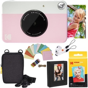 Kodak Printomatic Instant Camera Bundle (Blue) Zink Paper (20 Sheets) – Case – Photo Album – Hanging Frames.(Pink)