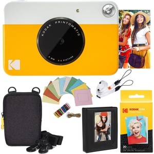 Kodak Printomatic Instant Camera Bundle (Blue) Zink Paper (20 Sheets) – Case – Photo Album – Hanging Frames.(Yellow)